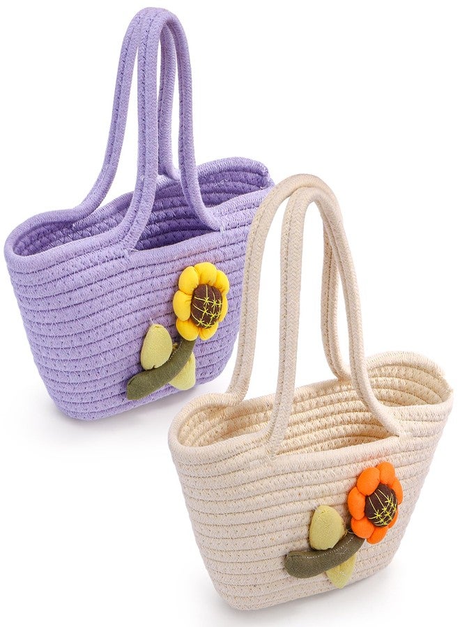 ZEAYEA 2 Pcs Little Girls Purses, Small Cute Flower Handbags with Handles, Cotton Woven Beach Bags for Girls Christmas Easter Birthday Gift - Image 1